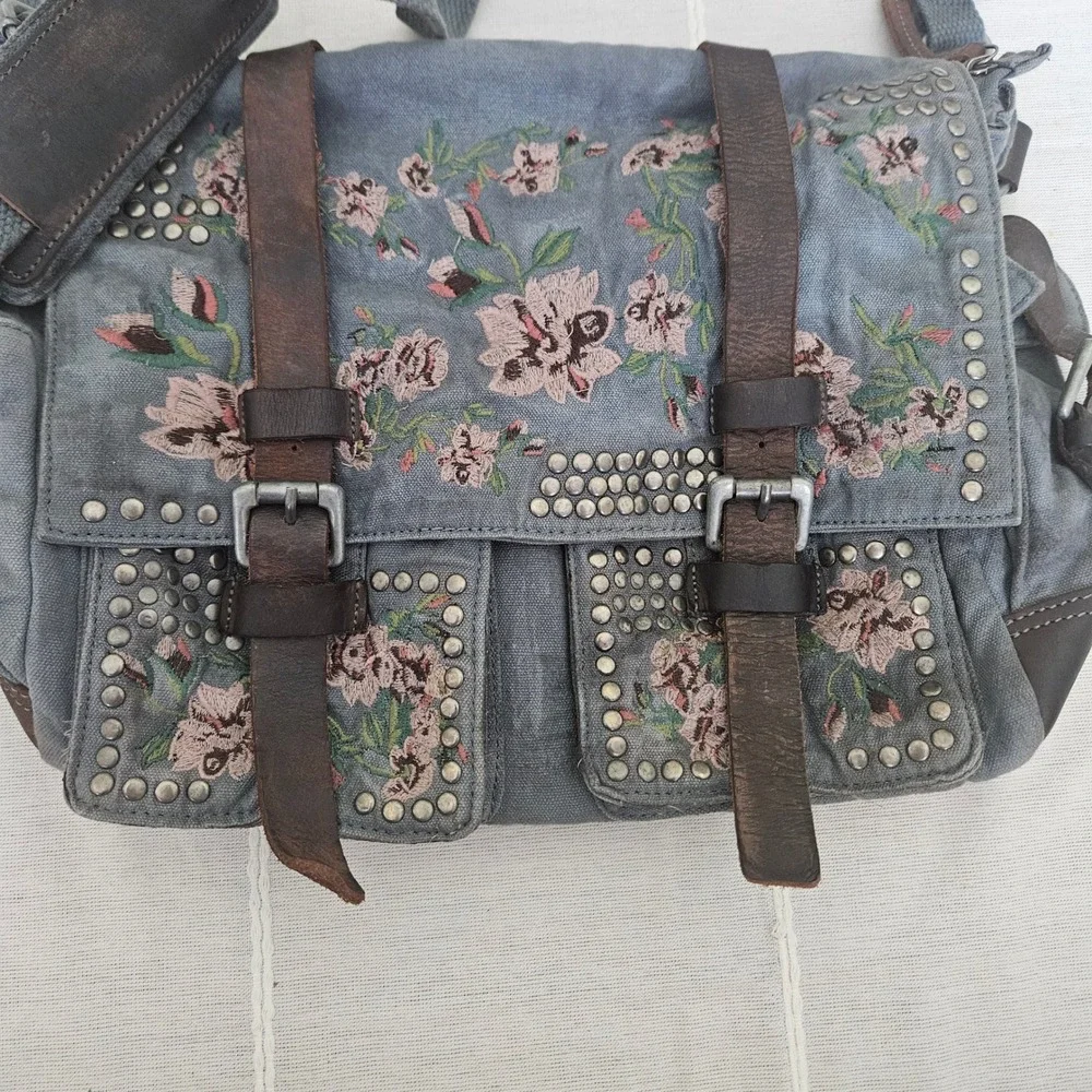Free People Floral Embroidered Studded Canvas Messenger Bag Blue Boho Crossbody
